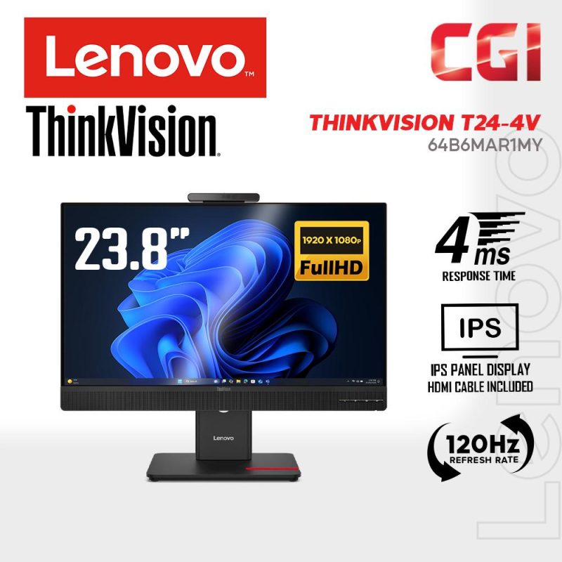 Lenovo 23.8" T24-4v IPS FHD 120Hz 4ms Built-In Camera And Speakers Ergonomic Video Conferencing Monitor - 64B6MAR1MY