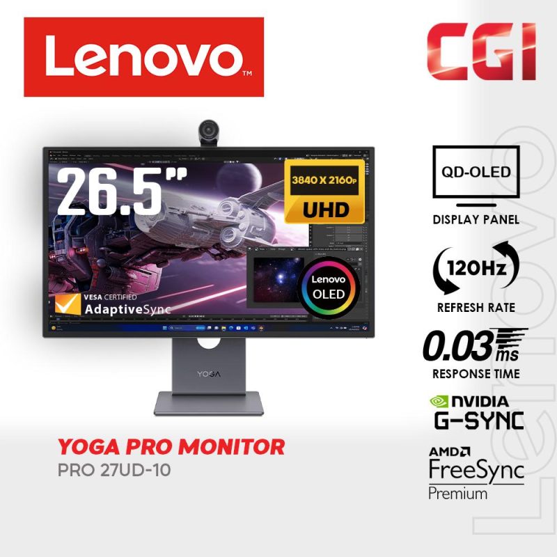 Lenovo 26.5" Yoga Pro 27UD-10 QD-0LED UHD G-Sync FreeSync 120Hz 0.03ms Speaker Daisy Chain Monitor - 67E5RAC2MY