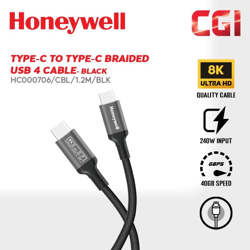 Honeywell Type-C to Type-C Braided USB 4 Cable 8K PD 240W Fast Charge - HC000706CBL1.2MBLK