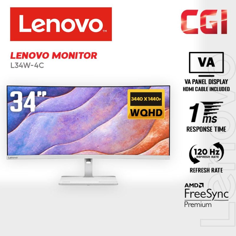 Lenovo 34" L34W-4C VA WQHD HDR10 120Hz 1ms AMD FreeSync MediaSync Height Adjustable Curved Monitor - 68F0GAC3MY
