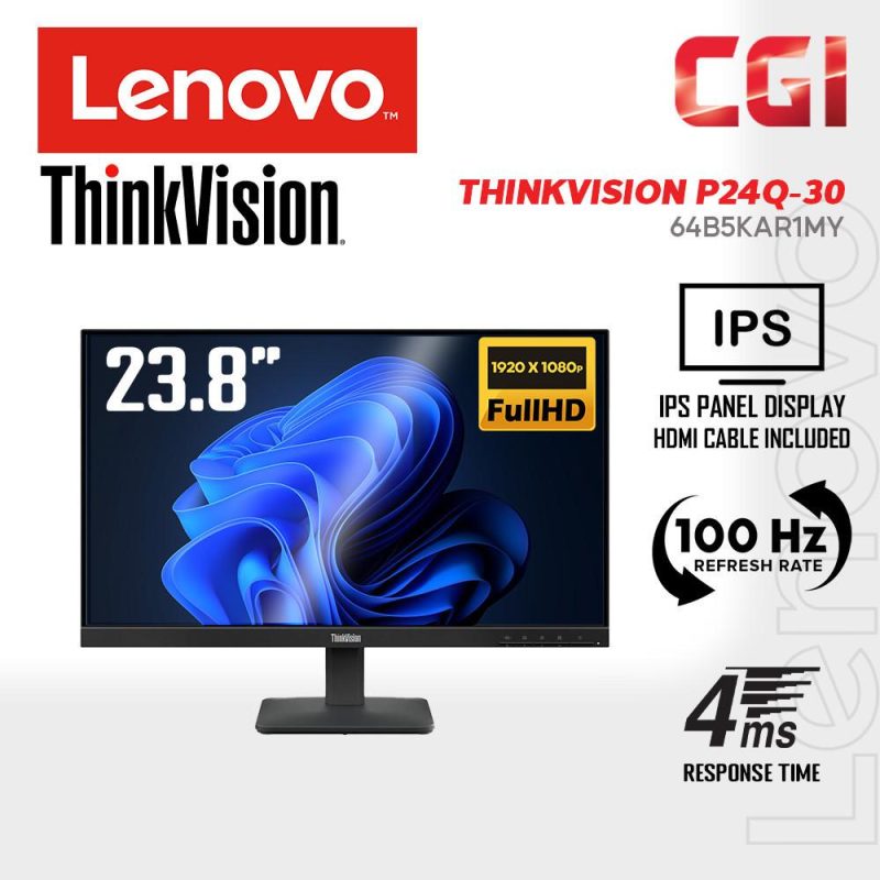 Lenovo 23.8" Thinkvision S24-4E IPS FHD 100Hz 3ms 99% sRGB 3-Side NearEdgeless Monitor - 64B5KAR1MY