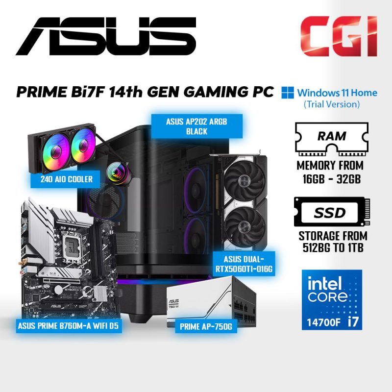 PRIME Bi7F 14th Gen Gaming PC Set ( Intel Core i7 | Nvidia RTX5060Ti O16G | 16GB RAM | 512GB SSD | Win11Home Trial )