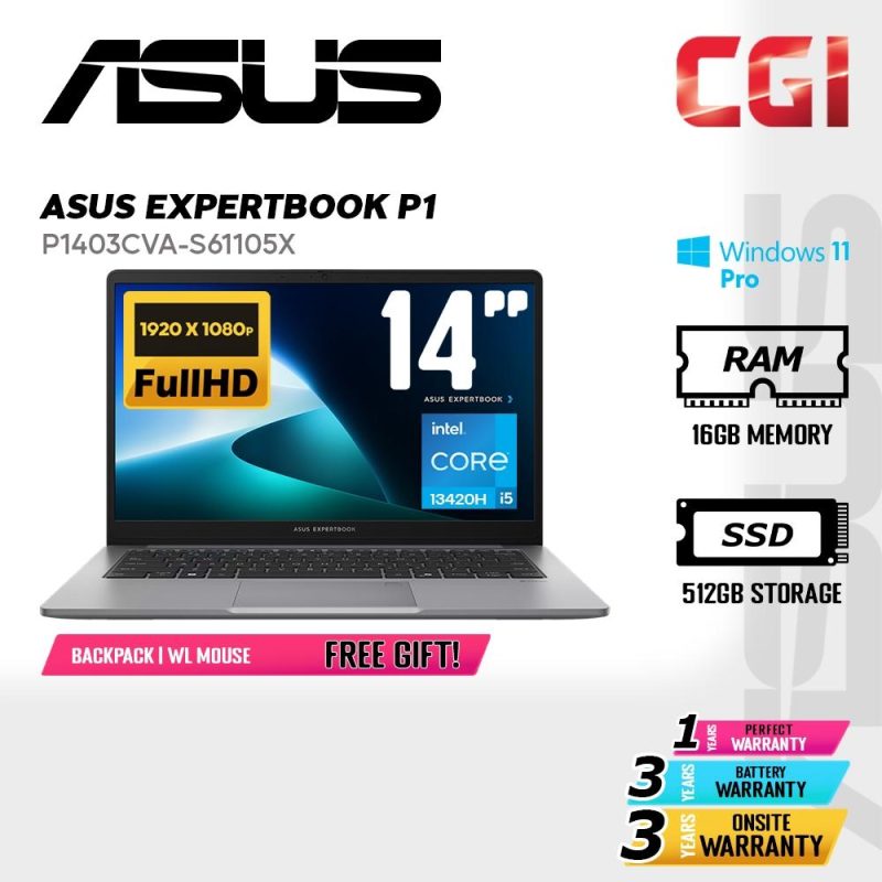 Asus 14" ExpertBook P1 P1403 Laptop Intel i5-13420H 16GB 512GB FHD Win11Pro 3Y Onsite - P1403CVA-S61105X