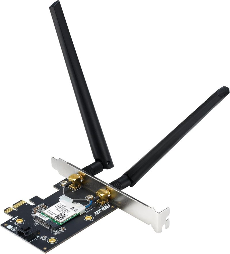 ASUS PCE-BE6500 Wi-Fi 7 PCI-E Adapter with 2 external antennas. Supporting 6GHz band, 4096-QAM, Bluetooth 5.4, WPA3 network security