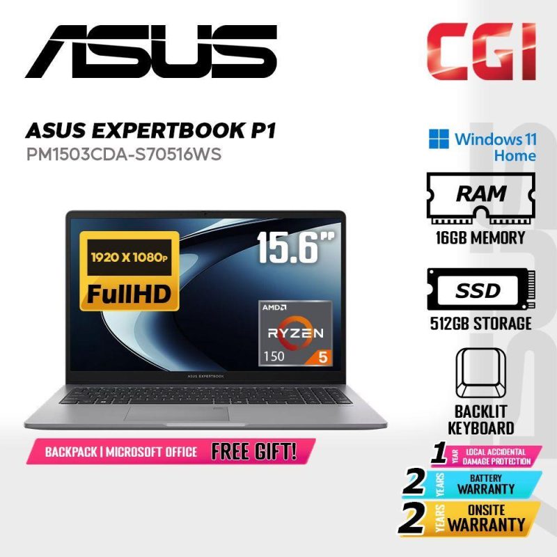 Asus 15.6" ExpertBook PM1503CDA Laptop Ryzen 5 150 16GB 512GB FHD Win11Home 2Y Onsite with Office - PM1503CDA-S70516WS