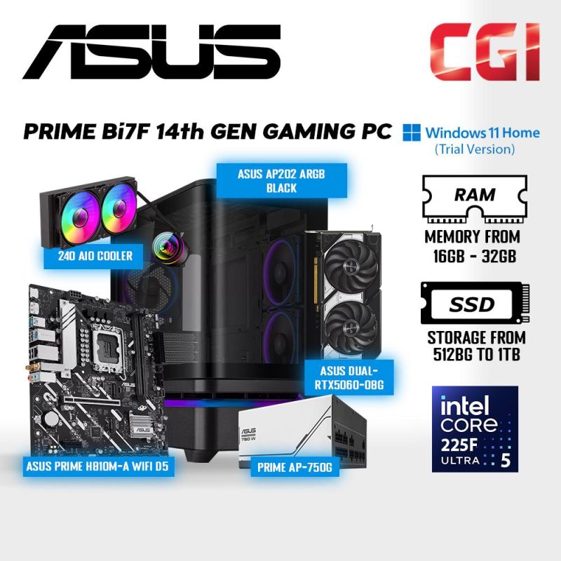 PRIME HU5F Ultra 5 Gaming PC ( Intel Core Ultra 5| Nvidia RTX5060 O8G | 16GB RAM | 512GB SSD | Win11Home Trial )