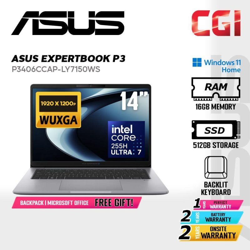 99b45c7245576b55e09543e19cc7237b.jpeg Asus 14" ExpertBook P3 P3406CCAP Laptop Ultra 7 255H 16GB 512GB WUXGA W11H 2Y Onsite with Office - P3406CCAP-LY7150WS