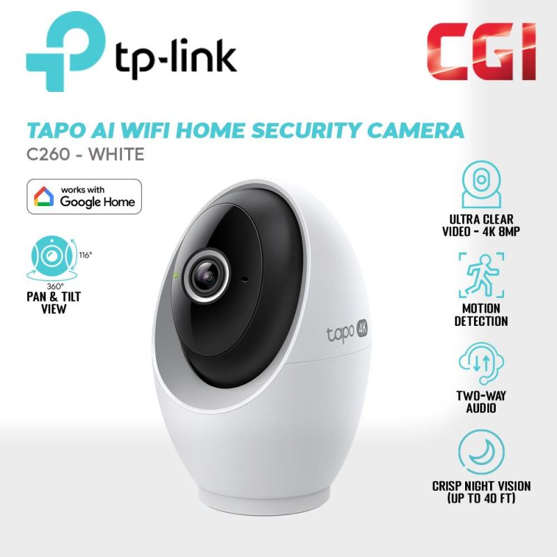 TP-Link Tapo C260 4K 8MP Pan/Tilt 360º Smart AI Home Security Wi-Fi Camera with Human Face Recognition