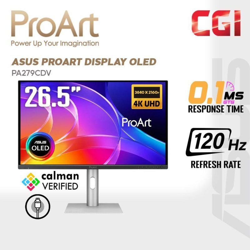 Asus 26.5" ProArt PA279CDV QD-OLED 4K UHD HDR10 120Hz 0.01ms 99% DCI-P3, ΔE < 1.5USB-C 96W PD Professional Monitor