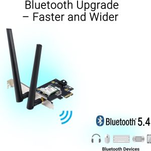 ASUS PCE-BE6500 Wi-Fi 7 PCI-E Adapter with 2 external antennas. Supporting 6GHz band, 4096-QAM, Bluetooth 5.4, WPA3 network security
