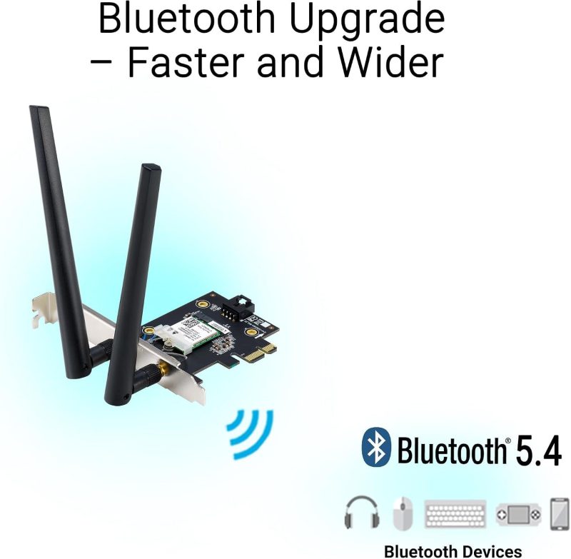 ASUS PCE-BE6500 Wi-Fi 7 PCI-E Adapter with 2 external antennas. Supporting 6GHz band, 4096-QAM, Bluetooth 5.4, WPA3 network security