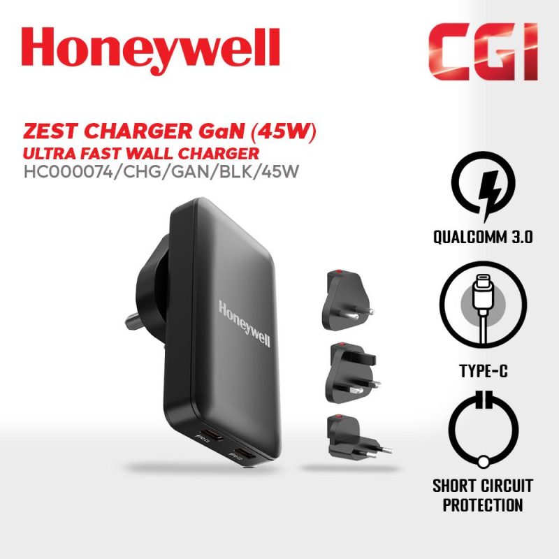 Honeywell 45W GAN Zest Ultrafast Dual Type-C Multi-Plug Ultra Thin Wall Charger