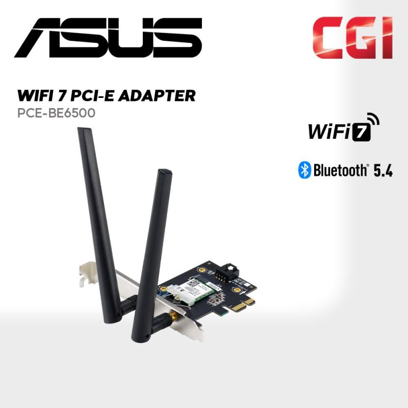 ASUS PCE-BE6500 Wi-Fi 7 PCI-E Adapter with 2 external antennas. Supporting 6GHz band, 4096-QAM, Bluetooth 5.4, WPA3 network security