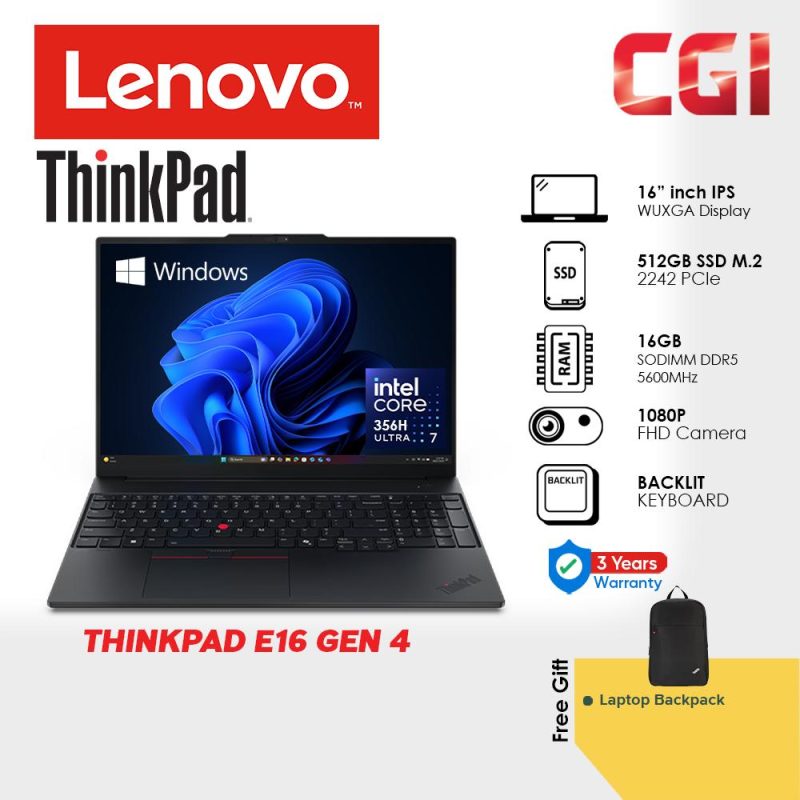 Lenovo 16" ThinkPad E16 Gen 4 Laptop Ultra 7 356H 16GB 512GB Win11Pro 3Y Premier Support CoPilot+ PC
