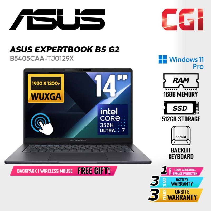 8e8cde515568c580db4e5f51a9ef422c.jpeg Asus 14" ExpertBook B5 G2 CoPilot+ PC Laptop U7 356H 16GB 512GB Touchscreen WUXGA IPS W11P 3Y Onsite - B5405CAA-TJ0129X